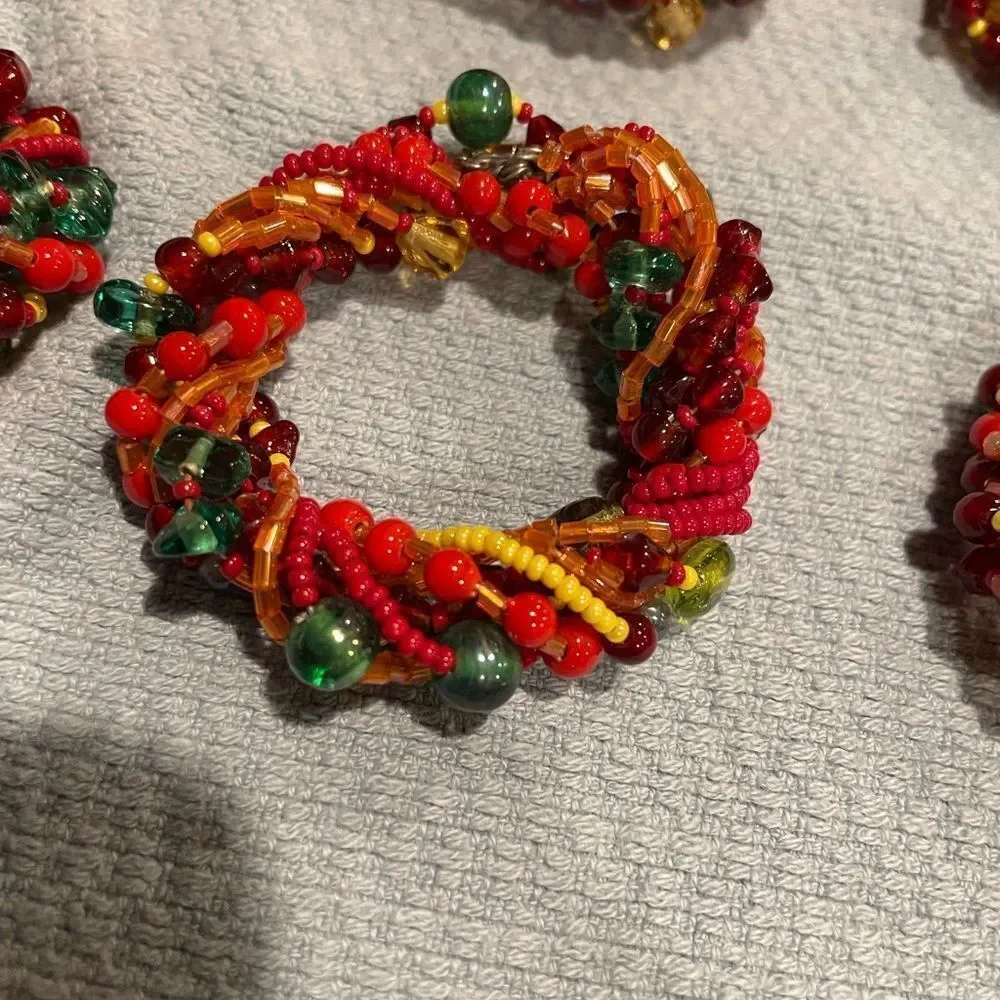 Green Glass Silver Wire Napkin Rings Red Orange Glass Beads Napkin Rings 16 TTL